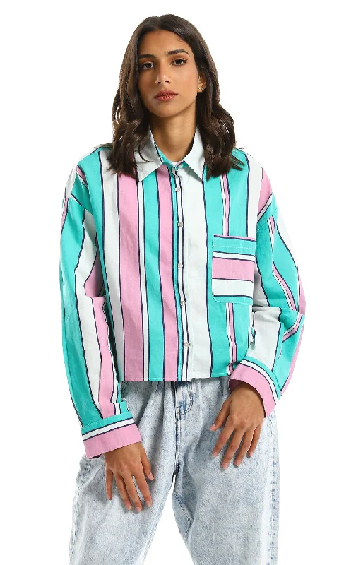 97324 Colorful Stripes Buttons Down Cropped Shirt-- Mesh Canvas Denim