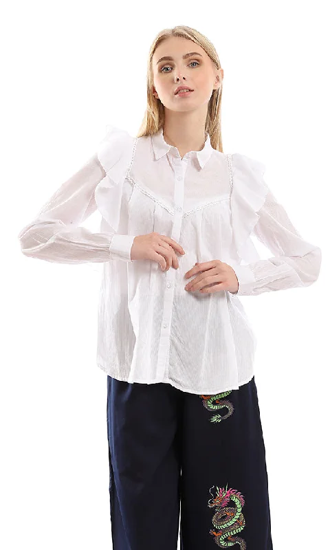 95405 Self Striped & Ruffled Detailed Buttoned White Shirt-- Print Jacquard Patchwork 95405 Self Striped & Ruffled Detailed Buttoned White Shirt-- Print Jacquard Patchwork