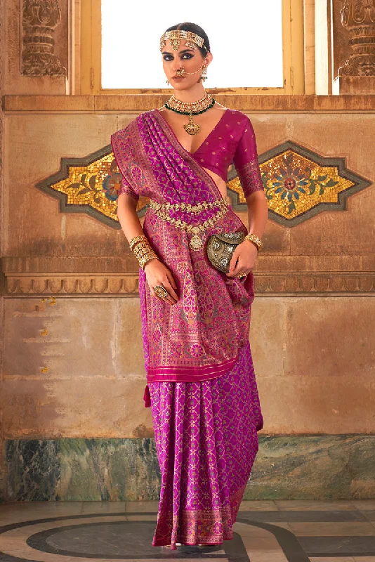 Purple Color Banarasi Silk Printed Woven Saree With Blouse Feminine Ruffle Blouse