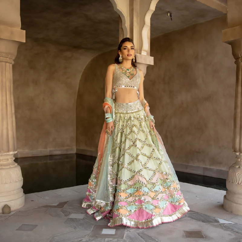 Abhinav Mishra Hand Embroidered Blouse With Multicolour Patch Work Lehenga High Neck Blouse