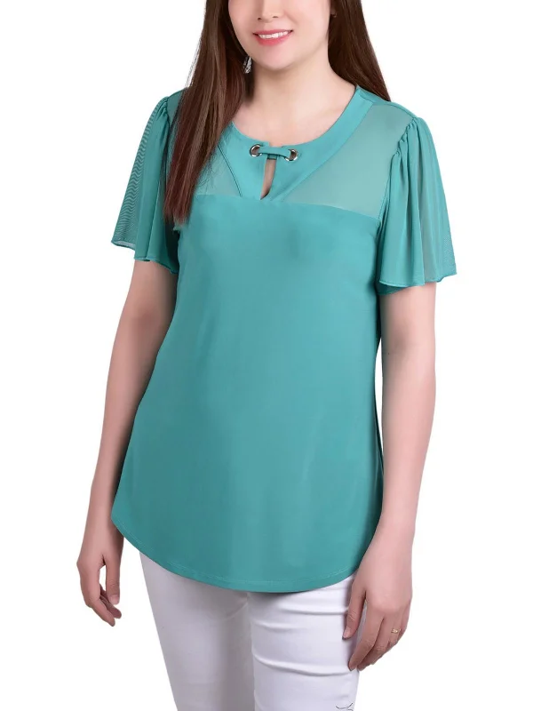 Petites Womens Mesh Inset Grommet Blouse Versatile Layering Blouse