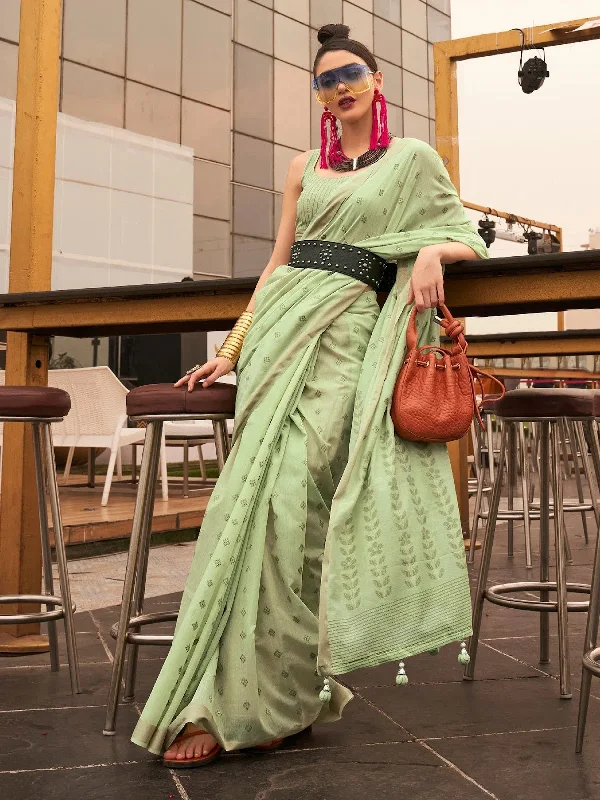 Saree Mall Women's  Blend Light Green Woven Design Handloom Saree With Blouse Piece-KAROL5005 Floral Chiffon Blouse