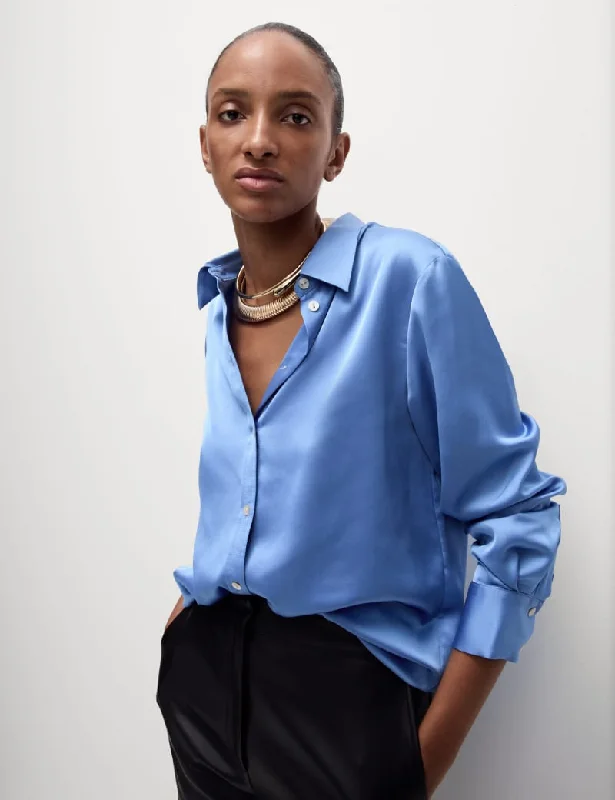 Satin Collared Button Through Shirt-- Zippered Buttoned Snapped