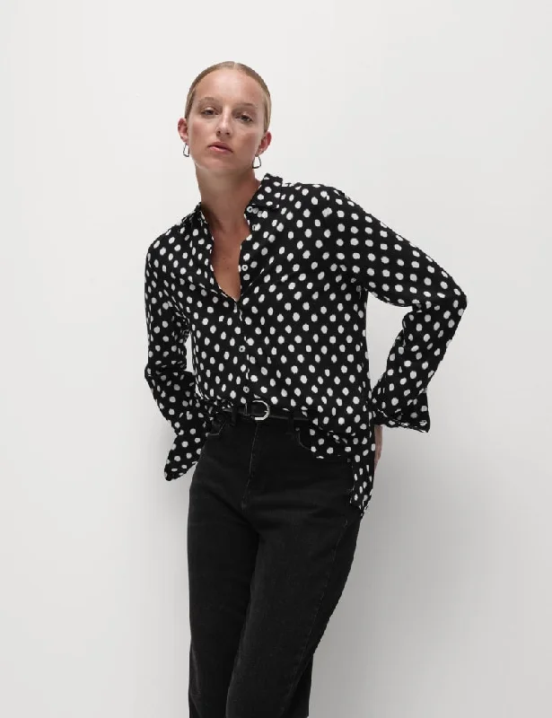 Printed Collared Button Through Shirt-- V-Neck T-Shirt Long Sleeve Cotton