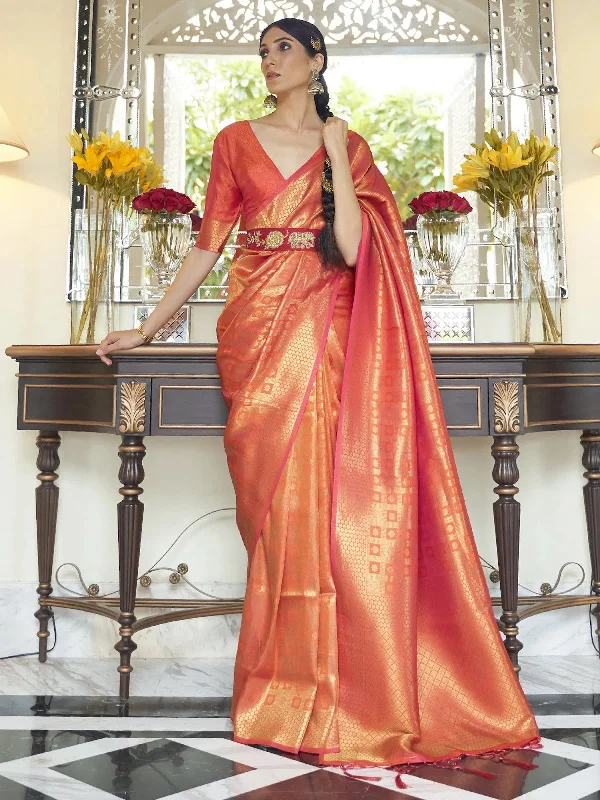 Saree Mall Women's  Blend Peach Woven Design Handloom Saree With Blouse Piece-KABHA204006 Classic Striped Blouse