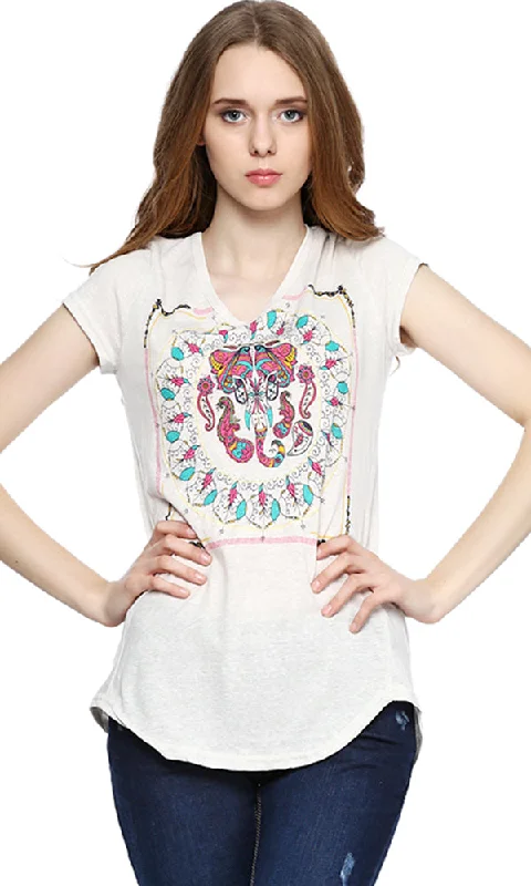 39435 Elephant Printed T-Shirt - Off White-- Solid Color Striped Floral