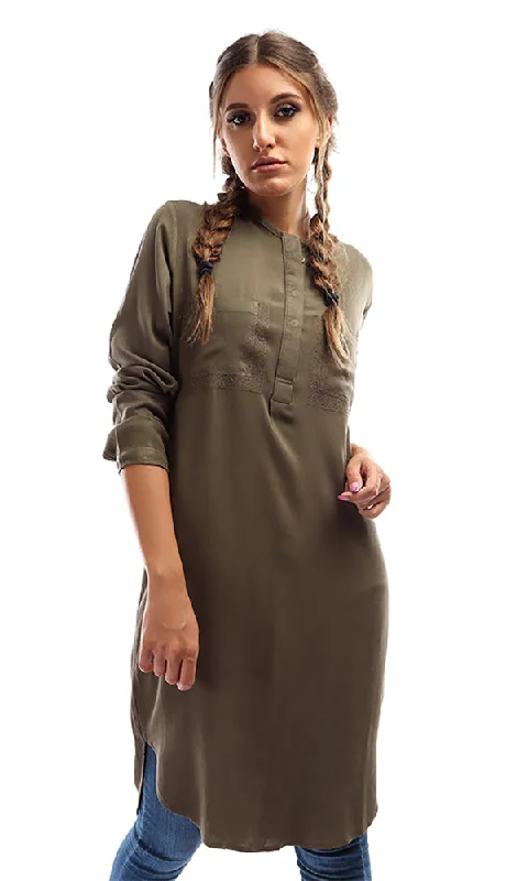 38739 Plain Casual Tunic Shirt - Olive-- Welt Pockets Slit Pockets