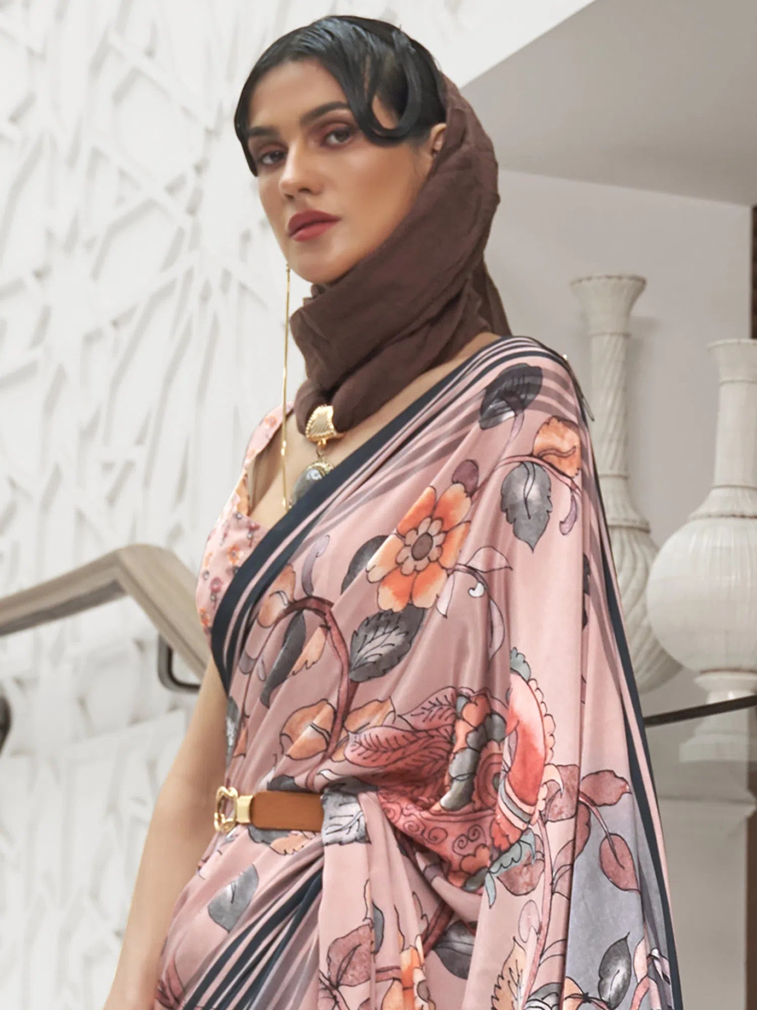 Saree Mall Women's Crepe Peach Digital Print Celebrity Saree With Blouse Piece-KLMKR232003 Oversized Silk Blouse
