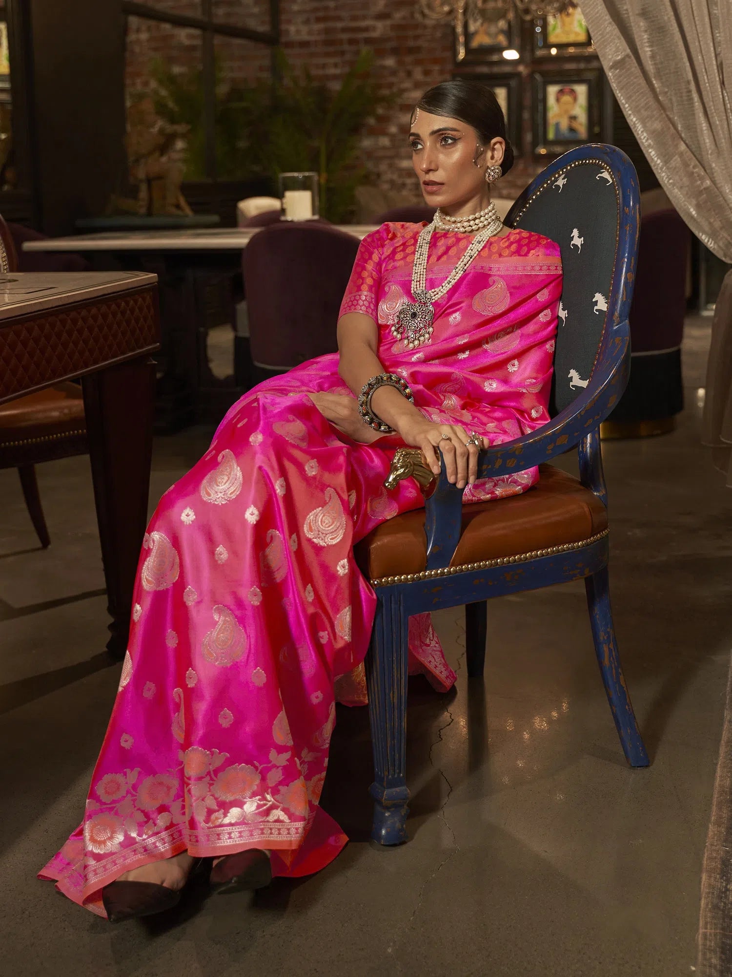 Saree Mall Women's  Blend Pink Woven Design Designer Saree With Blouse Piece-KRISTN288003 Drape Neck Blouse