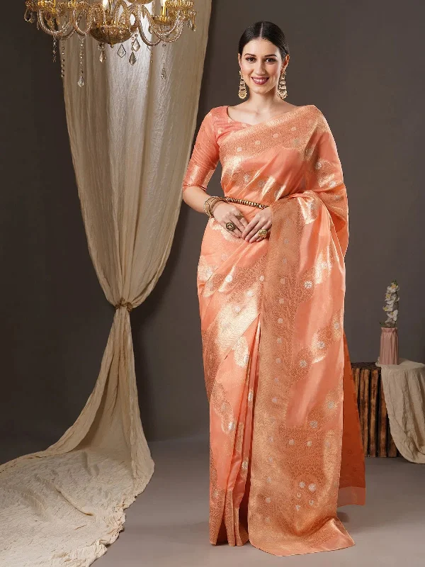 Saree Mall Women's Organza Peach Woven Design Designer Saree With Blouse Piece-ORGCL23 Sleeveless Summer Blouse