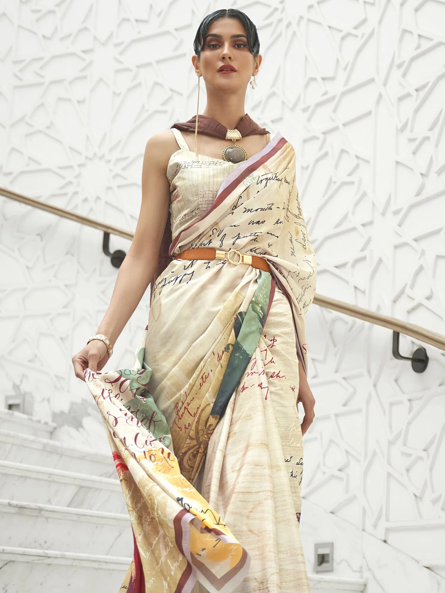 Saree Mall Women's Crepe Cream Digital Print Celebrity Saree With Blouse Piece-KLMKR232007 Office Formal Blouse Saree Mall Women's Crepe Cream Digital Print Celebrity Saree With Blouse Piece-KLMKR232007 Office Formal Blouse