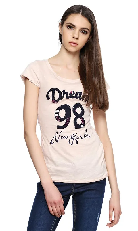35070 Patch Print T-Shirt - L.Pink-- Cotton Fabric Linen Fabric Terry Fabric