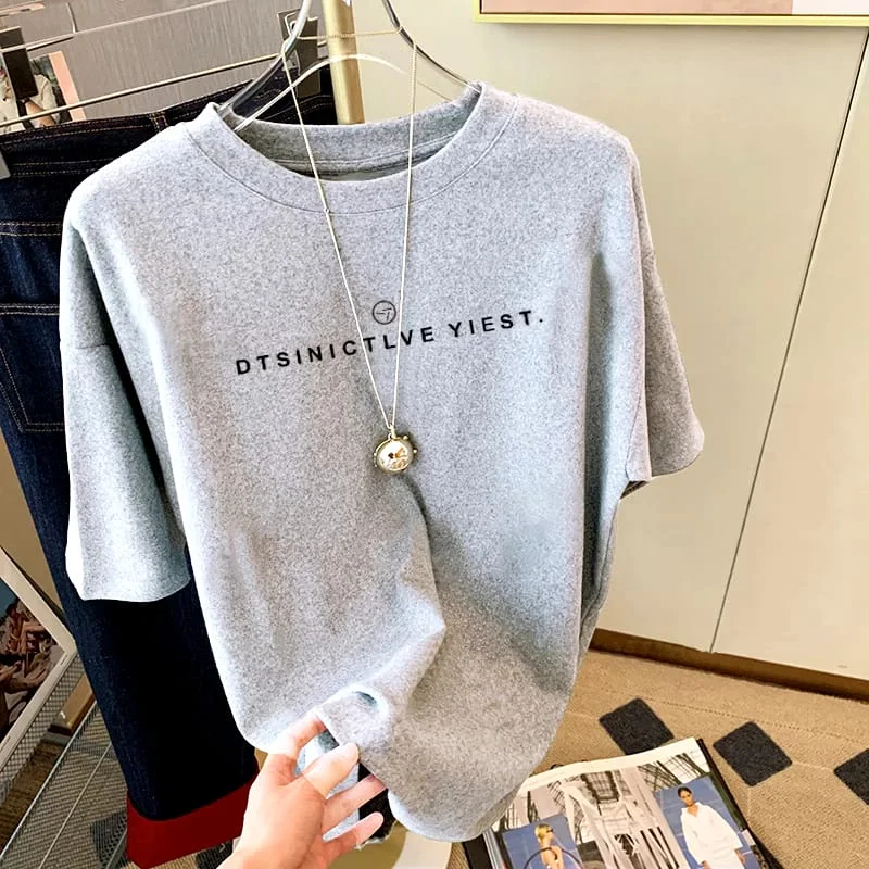 Women's Short Sleeve Letter/Number T-Shirts L 395877-- Ribbed T-Shirt High Neck Heavyweight