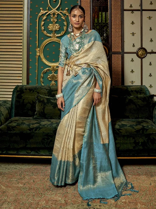 Saree Mall Women's  Blend Cream Woven Design Designer Saree With Blouse Piece-KANISKA289003 Wrap Front Blouse