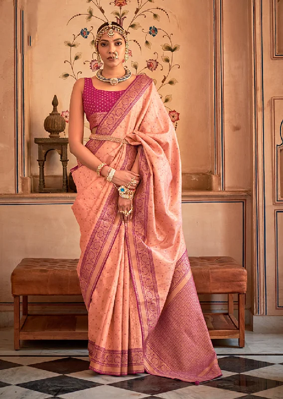 Peach & Purple Color Banarasi Silk Woven Saree With Blouse Feminine Pastel Blouse