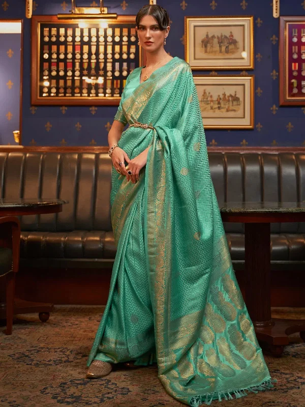 Saree Mall Women's  Blend Sea Green Woven Design Designer Saree With Blouse Piece-KAZEL231004 Office-Ready Blouse