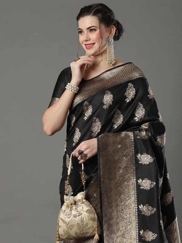 Saree Mall Women's  Blend Black Woven Design Designer Saree With Blouse Piece-15PAKHI1609 Silky Tunic Blouse