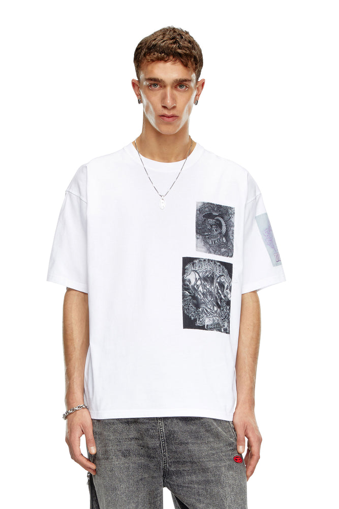 T-Shirt With Raw-Cut Printed Patches-- Striped Floral Plaid