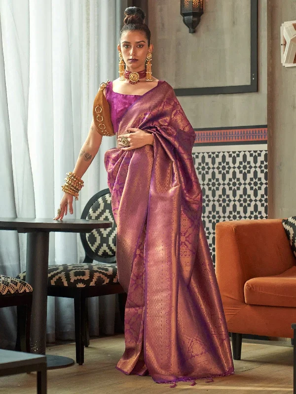 Saree Mall Women's  Blend Purple Woven Design Designer Saree With Blouse Piece-KANVIR3003 Chic Ruffle Blouse