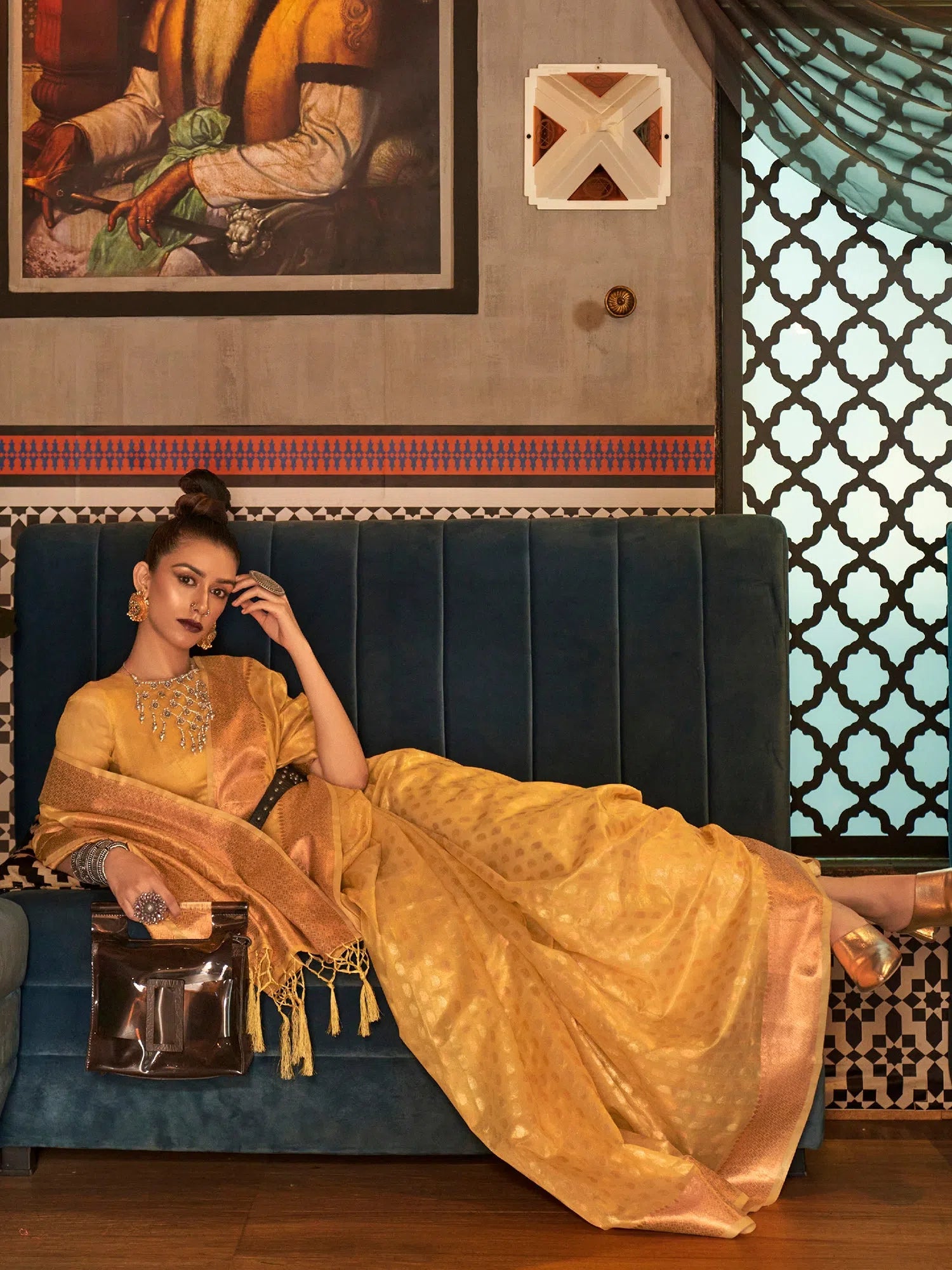 Saree Mall Women's Tissue Yellow Woven Design Designer Saree With Blouse Piece-KRSHNI1001 Vintage Lace Blouse