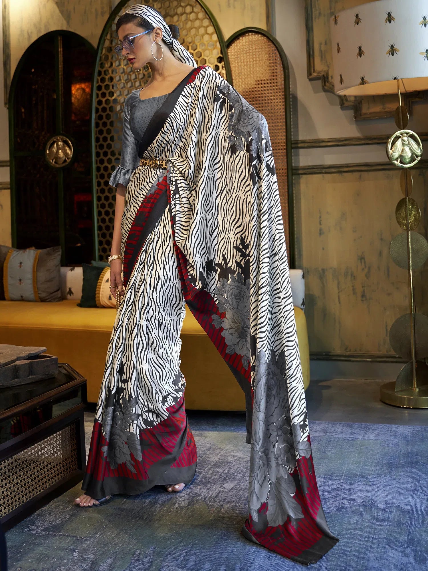 Saree Mall Women's Crepe Off White Printed Celebrity Saree With Blouse Piece-KLZE246016 Stylish Wrap Blouse Saree Mall Women's Crepe Off White Printed Celebrity Saree With Blouse Piece-KLZE246016 Stylish Wrap Blouse