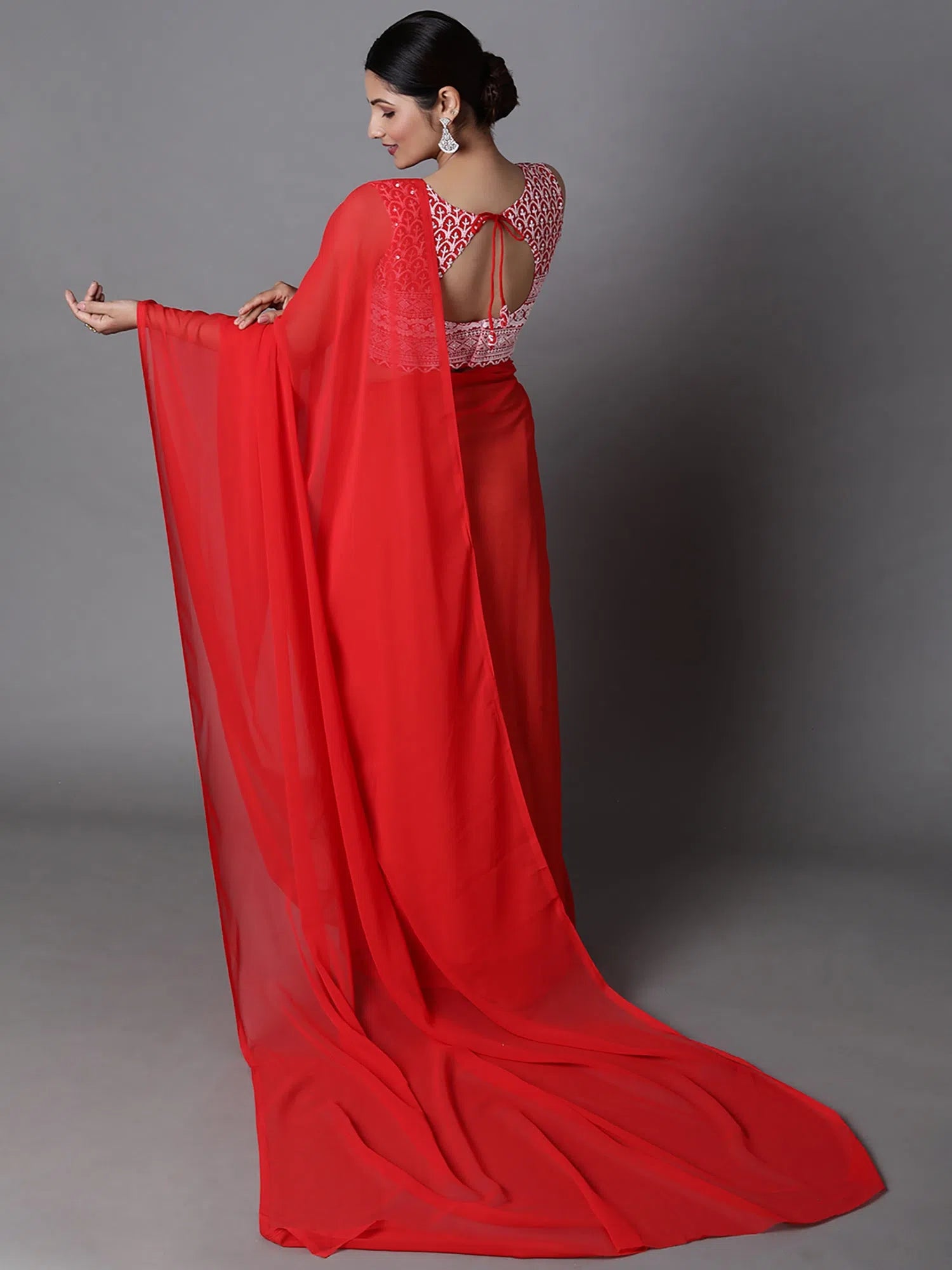 Saree Mall Women's Georgette Red Embellished Celebrity Saree With Blouse Piece-METLIC205 Backless Summer Blouse