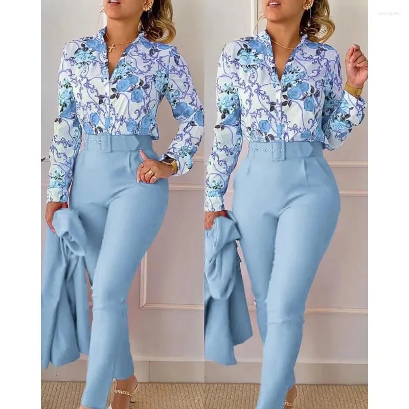 Casual Two-piece Print Front Button Shirt & Solid Color Pants B-116395-- Elegant Classic Vintage