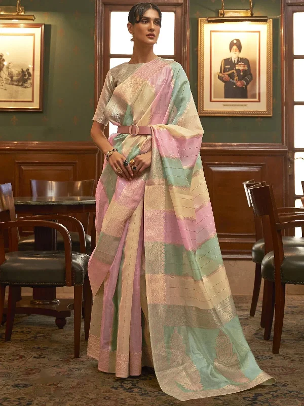 Saree Mall Women's Organza Multicolored Woven Design Celebrity Saree With Blouse Piece-KENZ230006 Bell Sleeve Blouse Saree Mall Women's Organza Multicolored Woven Design Celebrity Saree With Blouse Piece-KENZ230006 Bell Sleeve Blouse