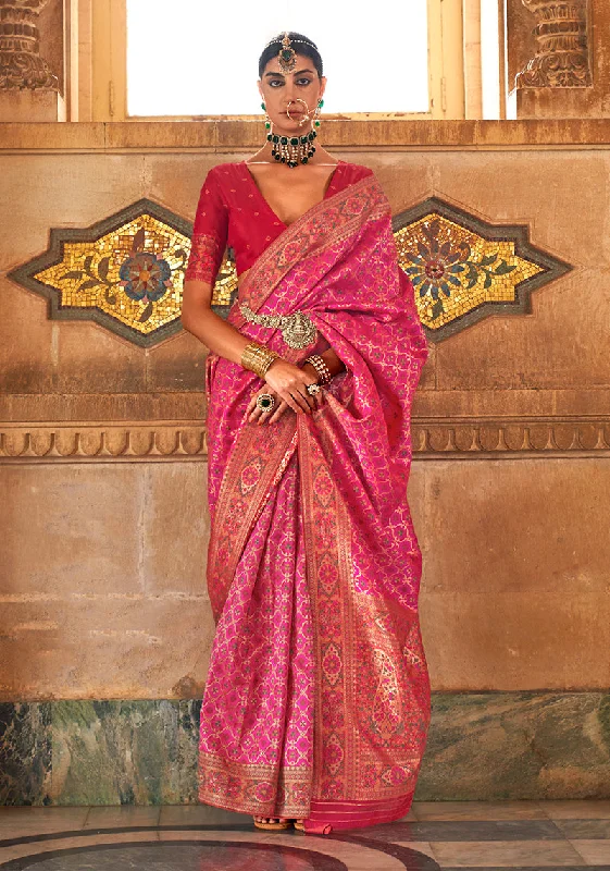 Pink Color Banarasi Silk Printed Woven Saree With Blouse Business Casual Blouse