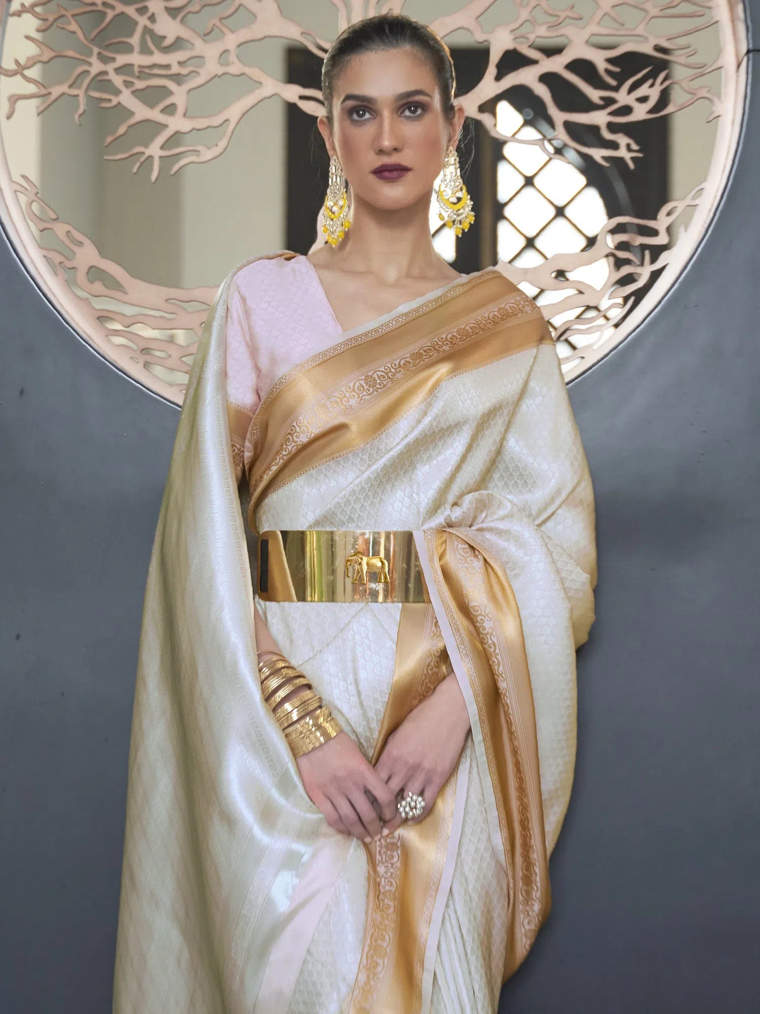 Saree Mall Women's  Blend Off White Woven Design Designer Saree With Blouse Piece-KHITAB245001 Peter Pan Collar Blouse