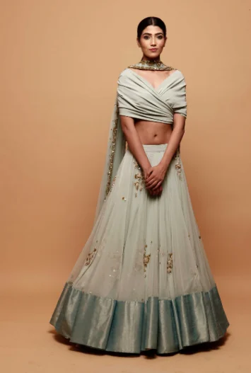 Astha Narang Sky Blue Lehenga With Drape Blouse High Neck Blouse