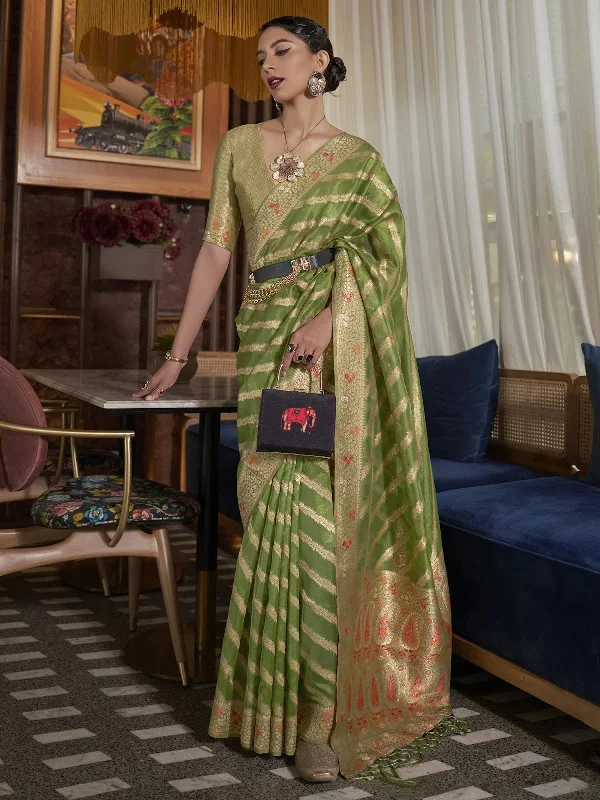 Saree Mall Women's Organza Olive Woven Design Designer Saree With Blouse Piece-KAHANA279002 Office Formal Blouse