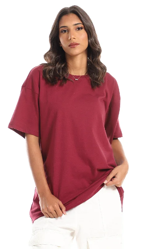 98829 Plain Over Sized Cotton Burgundy T-Shirt-- Print Jacquard Patchwork