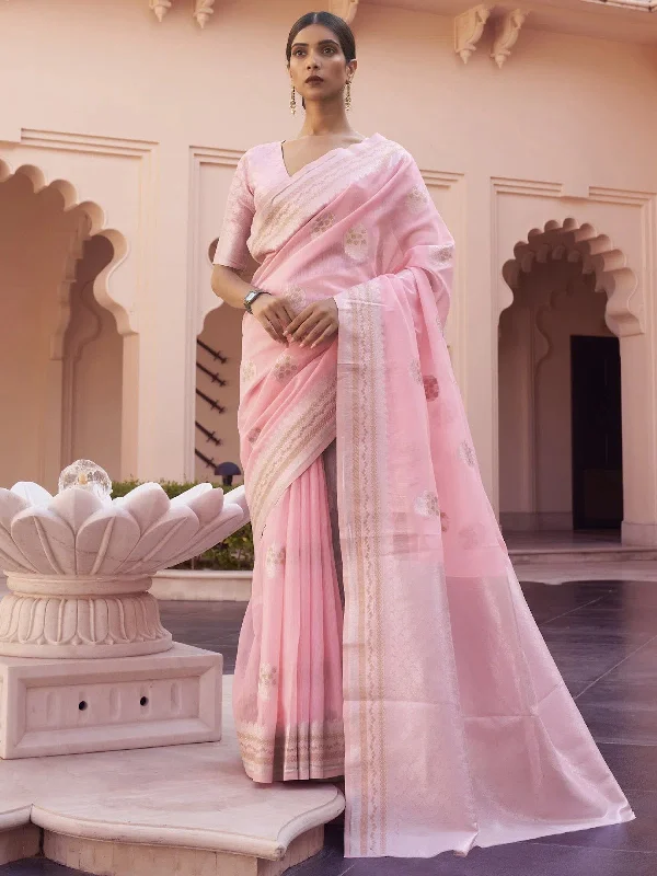Saree Mall Women's Linen Blend Pink Woven Design Designer Saree With Blouse Piece-KAVNI217004 Short Sleeve Blouse