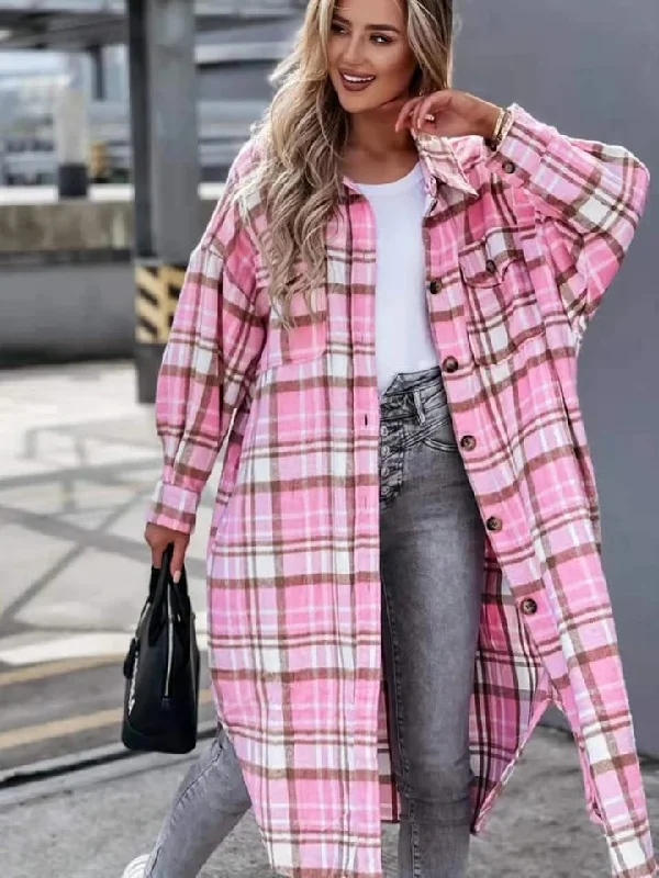 Women Plaid Long Shirt Coat M S4421420-- Terry Blend Velvet Blend Canvas Blend
