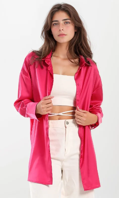 98955 Buttoned Satin Elegant Fuchsia Shirt-- Print Jacquard Patchwork