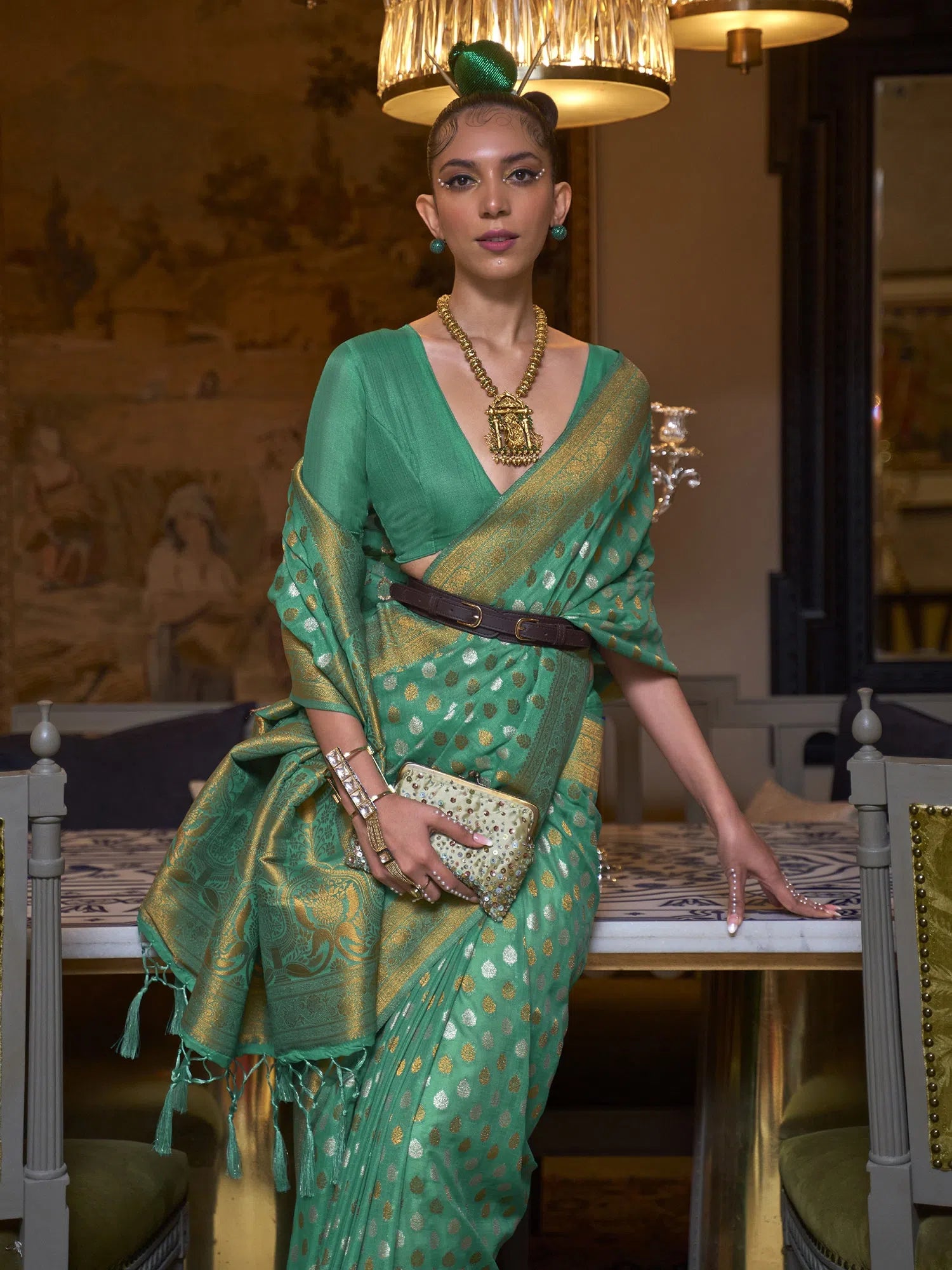 Saree Mall Women's  Blend Sea Green Woven Design Designer Saree With Blouse Piece-KLOSET294001 Oversized Silk Blouse