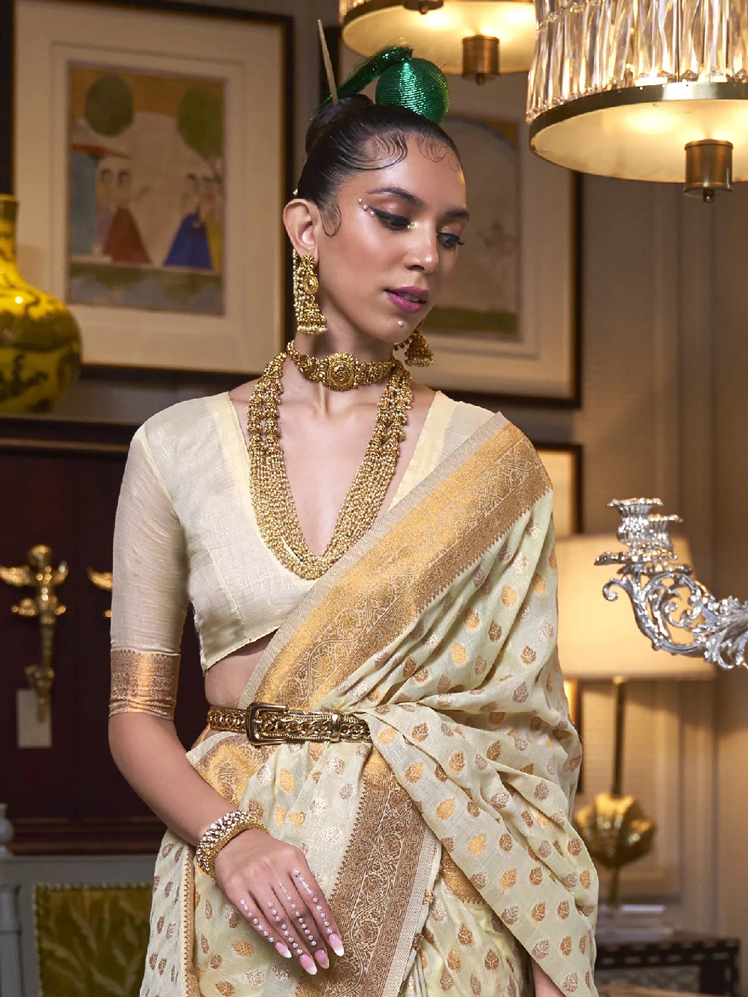 Saree Mall Women's  Blend Cream Woven Design Designer Saree With Blouse Piece-KLOSET294004 Lightweight Linen Blouse