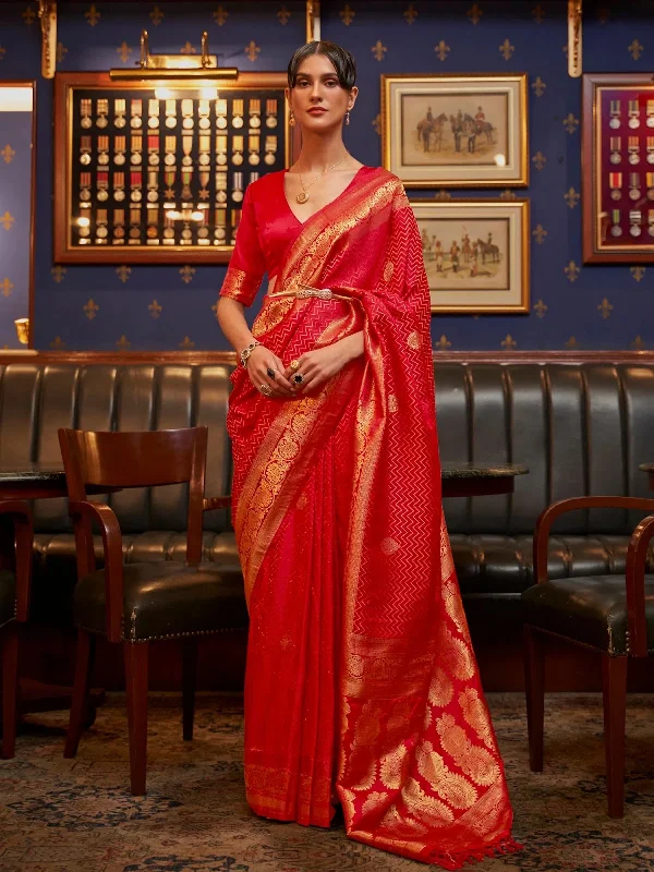 Saree Mall Women's  Blend Red Woven Design Designer Saree With Blouse Piece-KAZEL231006 Delicate Pleat Blouse