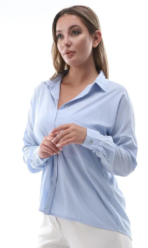 94811 Relaxed Fit Basic Shirt With Hidden Buttons - Baby Blue-- Notch Collar Peter Pan Collar Cowl Neck