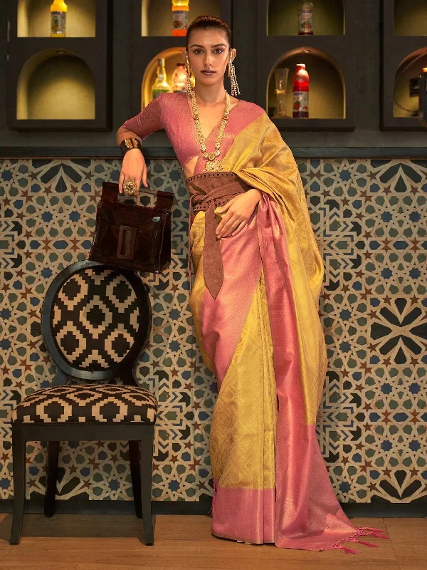 Saree Mall Women's  Blend Mustard Woven Design Handloom Saree With Blouse Piece-KAIZAA4005 Mandarin Collar Blouse