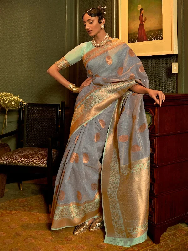 Saree Mall Women's Pure Linen Grey Woven Design Designer Saree With Blouse Piece-KEITH253006 Office-Ready Blouse