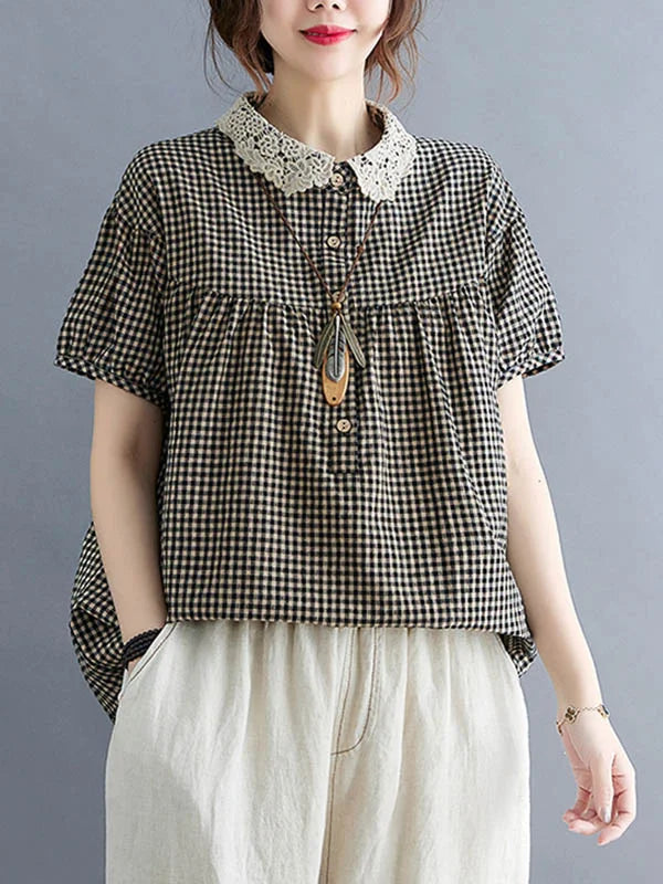 Cotton Blend Plaid Polo Puff Sleeve T-Shirts Tops 3XL 81632-- Welt Pockets Slit Pockets Cotton Blend Plaid Polo Puff Sleeve T-Shirts Tops 3XL 81632-- Welt Pockets Slit Pockets
