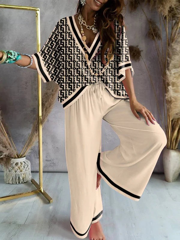 Urban Loose Printed V-Neck T-Shirts Tops& Drawstring Wide Leg Pants Suits M 110265-- Chenille Blend Fleece Blend Nylon Blend