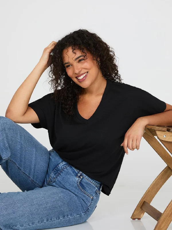 Short Dolman Sleeve V-Neck T-Shirt-- Spandex Blend Rayon Blend Denim Blend