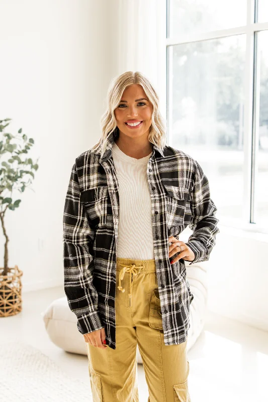 Jayda Plaid Button Down Shirt | Black-- Rayon Velvet Corduroy