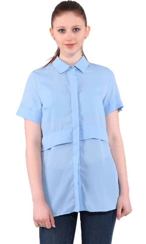 27512 Sheer Short Sleeves Shirt - Sky Blue-- Chenille Brocade Lace