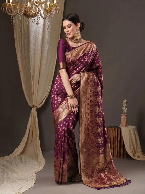 Saree Mall Women's  Blend Purple Woven Design Designer Saree With Blouse Piece-14PAKHI1509 Delicate Bow Blouse
