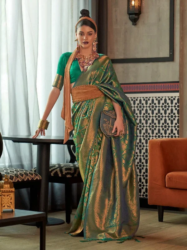 Saree Mall Women's  Blend Green Woven Design Designer Saree With Blouse Piece-KANVIR3002 Chic Wrap Blouse