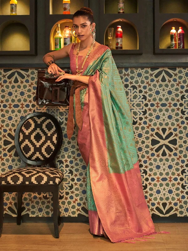 Saree Mall Women's  Blend Sea Green Woven Design Handloom Saree With Blouse Piece-KAIZAA4001 Feminine Ruffle Blouse